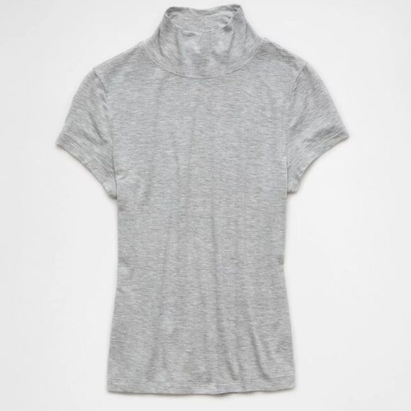 AE M-L Heather Gray Cropped Soft & Sexy Mock Neck Short Sleeve T-Shirt - Picture 3 of 10